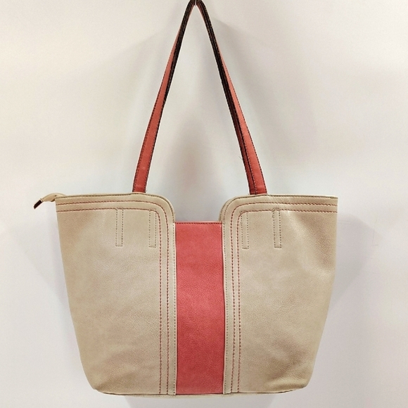 Montana West Beige And Coral Shoulder Bag Zip Top Double Straps Print Lining - Picture 2 of 7